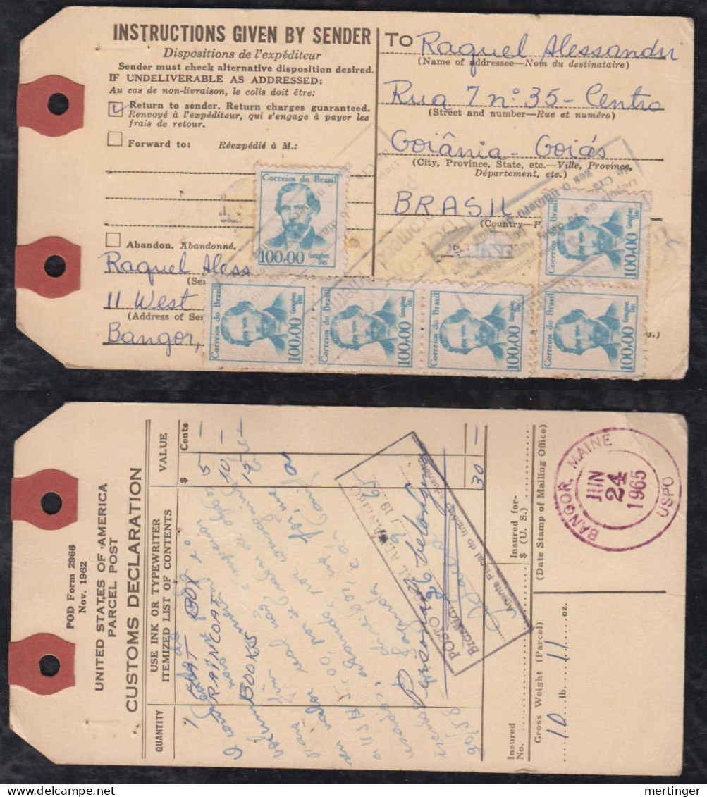 Brazil Brasil 1965 Airmail Bulletin De Expedition Parcle Tag BANGOR USA To GOIANA Goias 6x 100Cr - Cartas & Documentos