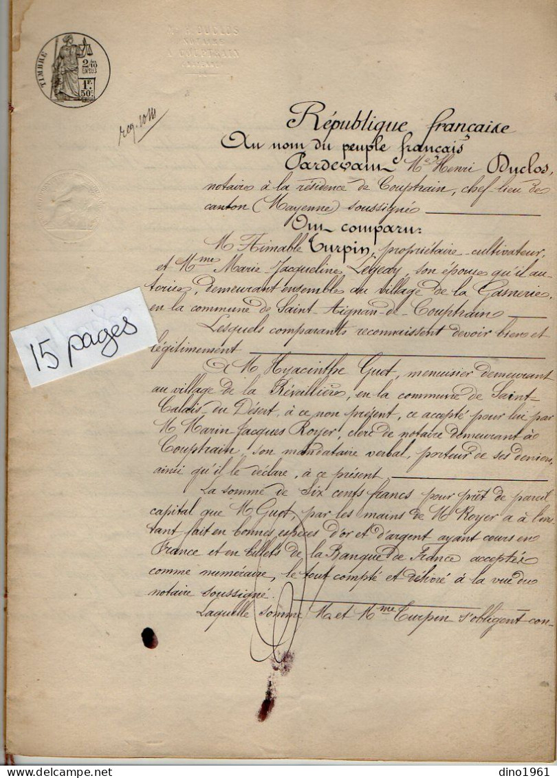 VP21.949 - Acte De 1876 - Obligation Par Mr & Mme TURPIN à SAINT AIGNAN DE COUPTRAIN à Mr GUET à SAINT CALAIS DU DESERT - Manoscritti