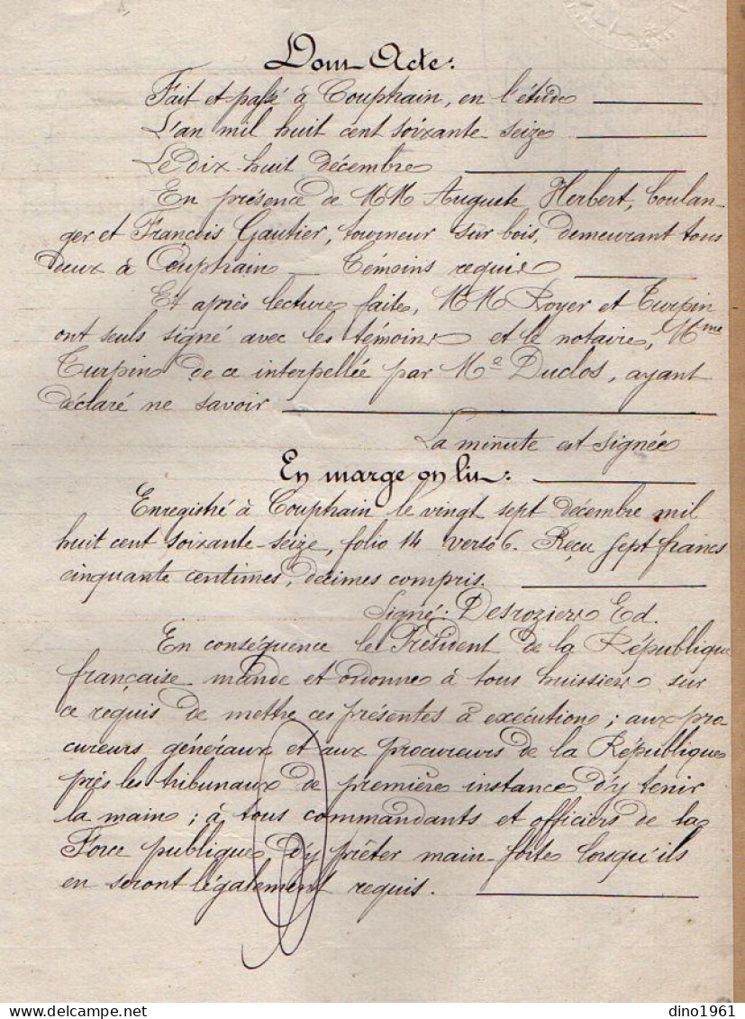 VP21.949 - Acte De 1876 - Obligation Par Mr & Mme TURPIN à SAINT AIGNAN DE COUPTRAIN à Mr GUET à SAINT CALAIS DU DESERT - Manoscritti