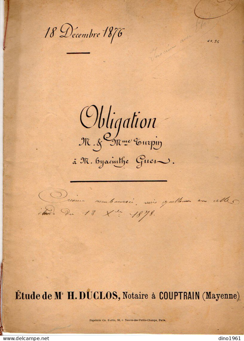 VP21.949 - Acte De 1876 - Obligation Par Mr & Mme TURPIN à SAINT AIGNAN DE COUPTRAIN à Mr GUET à SAINT CALAIS DU DESERT - Manoscritti