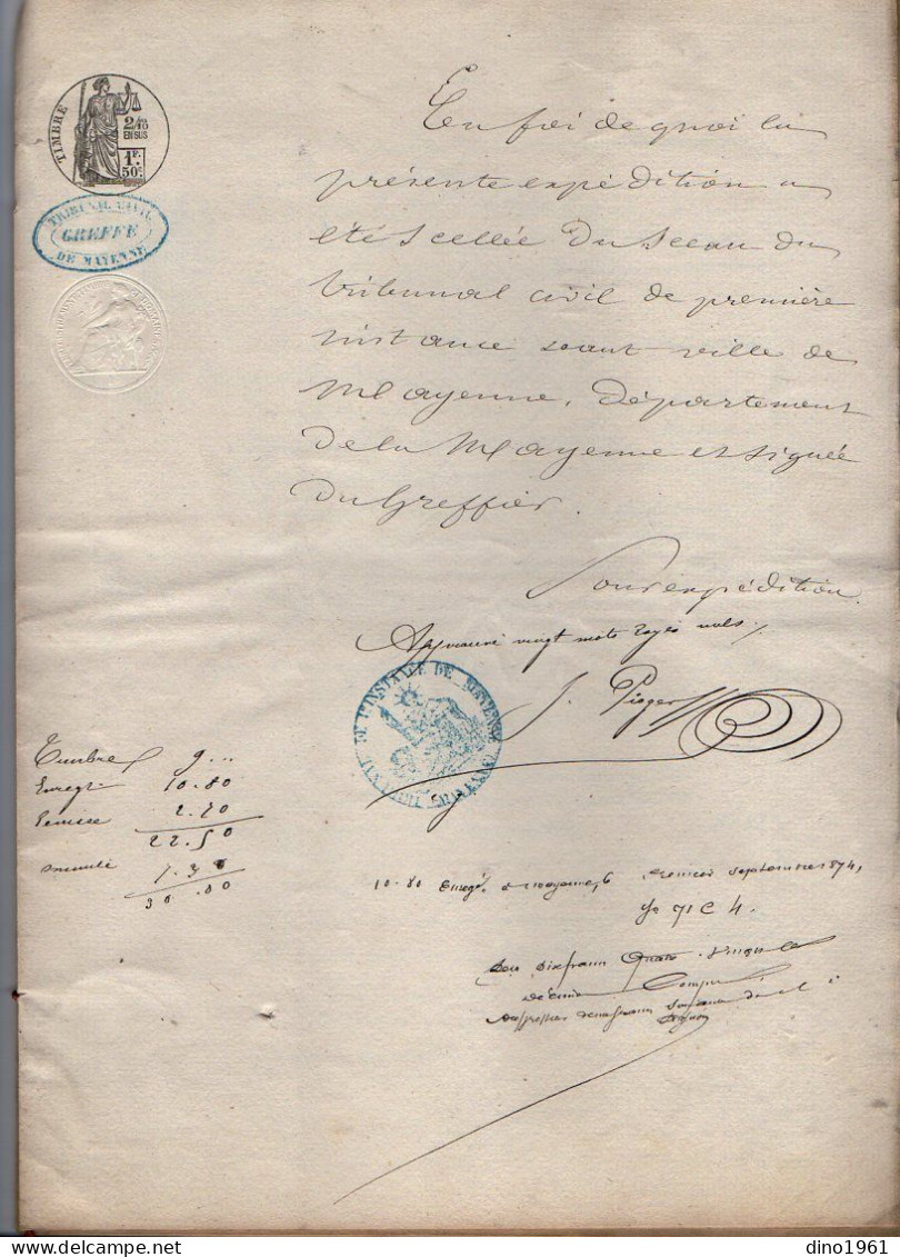 VP21.950 - Acte De 1874 - Jugement - Tribunal Civil De MAYENNE - Mr FOUCHER à POOTE Contre Mr PHILIPPE - Manuscrits
