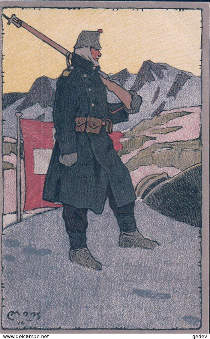 Carl Moos Illustrateur, Armée Suisse Aux Frontières, Sentinelle Et Drapeau, Litho (929) - Moos, Carl