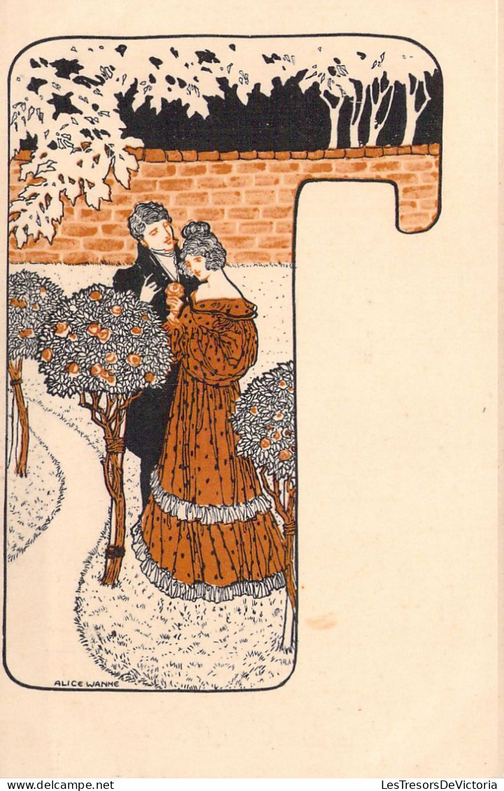 Illustration Signée Alice Wanke - Couple Dans Le Parc - Carte Postale Ancienne - Autres & Non Classés