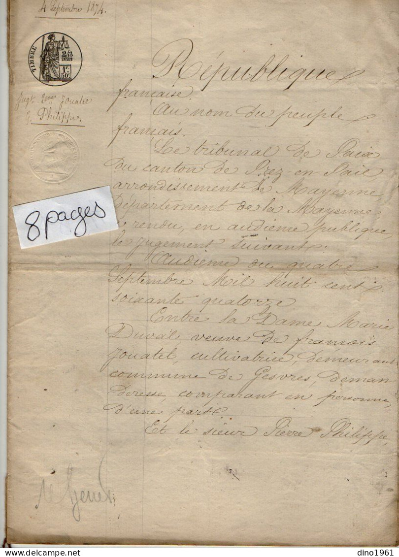 VP21.951 - Acte De 1874 - Jugement - Tribunal De Paix De PRE EN PAIL - Vve JOUATEL à GESVRES Contre PHILIPPE à LA POOTE - Manuscrits