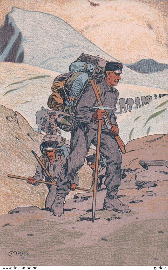 Carl Moos Illustrateur, Armée Suisse Aux Frontières, Troupe De Montagne En Marche, Litho (930) - Moos, Carl