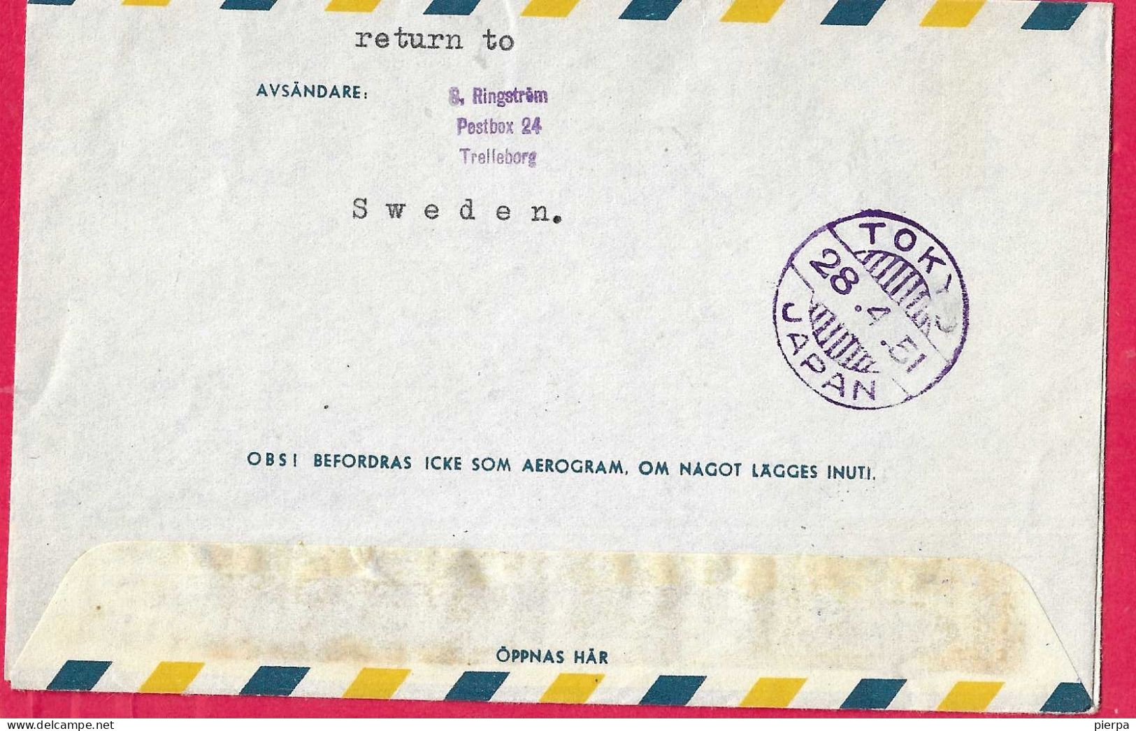 SVERIGE - FIRST FLIGHT FROM STOCKHOLM TO TOKYO * 24.4.51* ON OFFICIAL AEROGRAM - Lettres & Documents