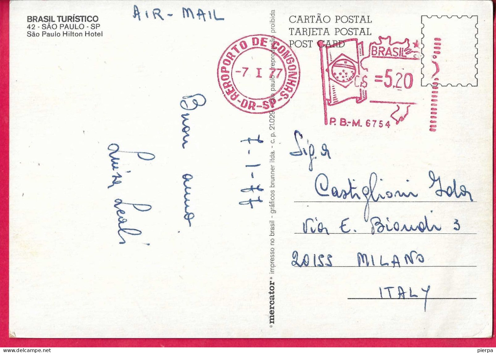 BRASIL - AFFRANCATURA MECCANICA ROSSO - "AEROPORTO DE CONGONHAS*7.1.77* SU CARTOLINA ILLUSTRATA - Viñetas De Franqueo (Frama)