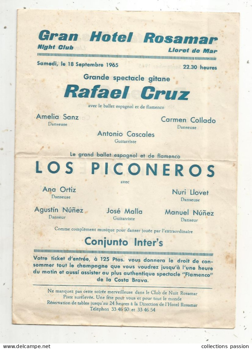 Programme , Granse Spectacle GITANE,  R. Cruz , Los Piconeros , 1965 ,Lloret De Mar, 4 Pages , Frais Fr 1.85 E - Programs