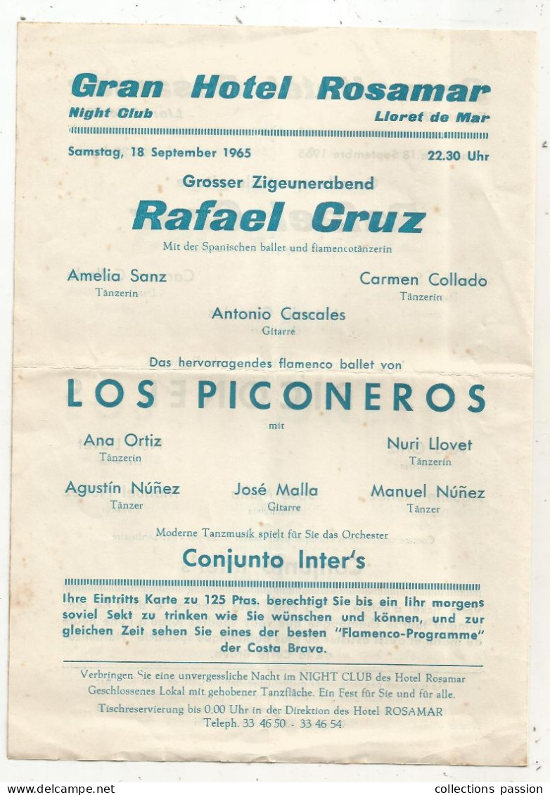 Programme , Granse Spectacle GITANE,  R. Cruz , Los Piconeros , 1965 ,Lloret De Mar, 4 Pages , Frais Fr 1.85 E - Programma's