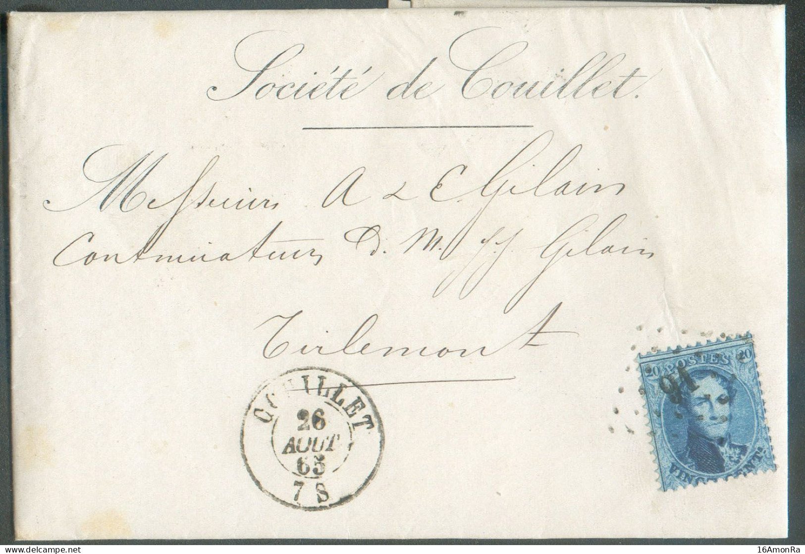 N°15 - Médaillon 20 Centimes Bleu, Obl. LP.91  Sur Lettre De COUILLET Le 26 Août 1865 Vers Tirlemont - 21000 - 1863-1864 Medallions (13/16)
