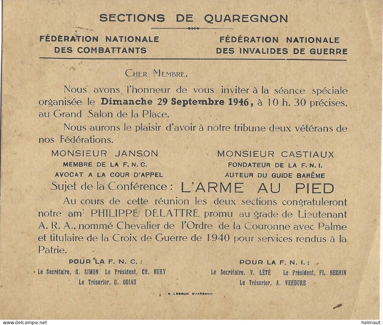 Section De Quaregnon Des  Fédérations Nationales Des Combattants Et Des Invalides De Guerre - 1946 - Programmes