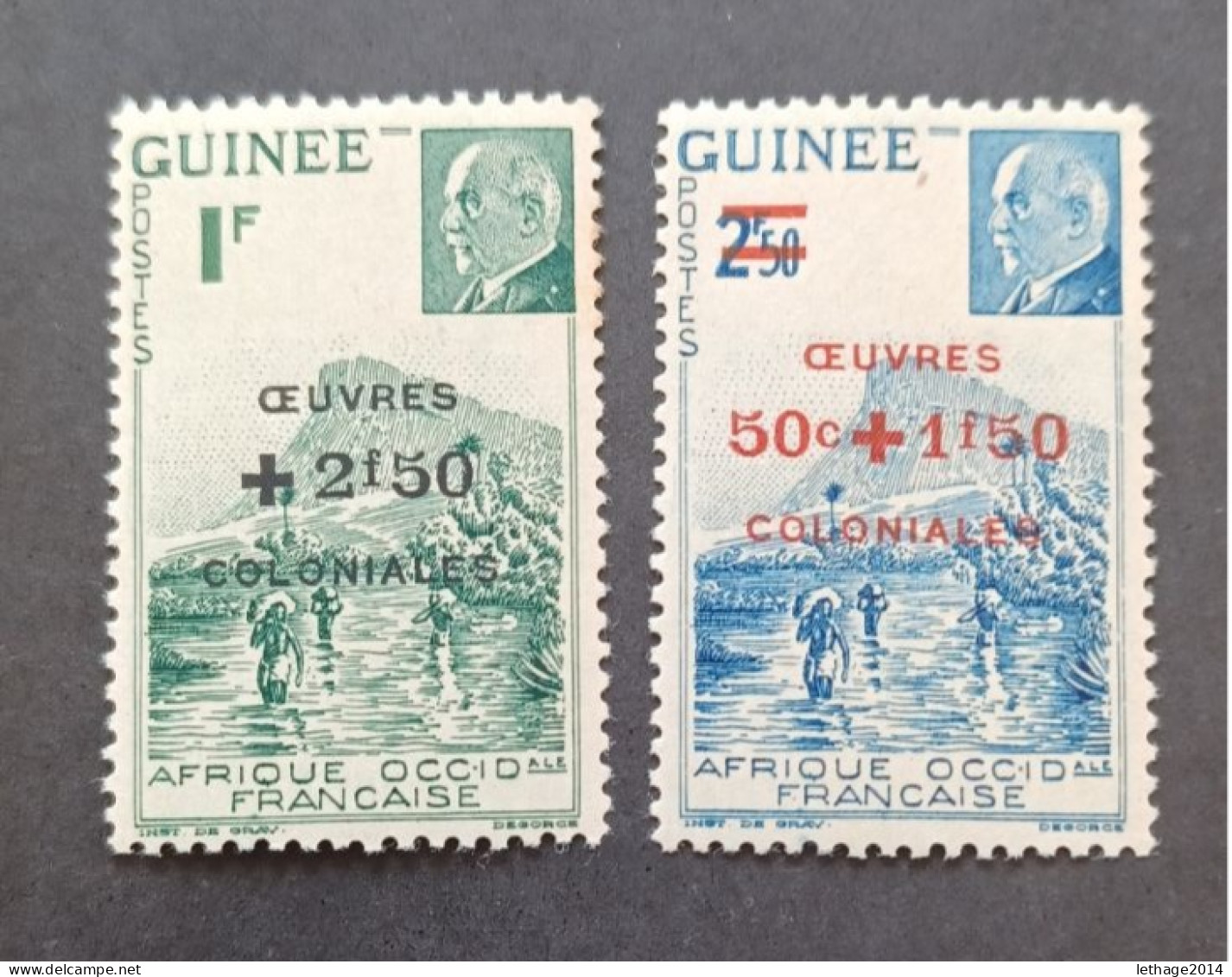 FRANCE COLONIE GUINEE 1944 MARECHAL PETAIN SURCHARGES OEUVRES COLONIALES CAT YVERT N. 185/186 MNH - 1944 Maréchal Pétain, Surchargés – Œuvres Coloniales