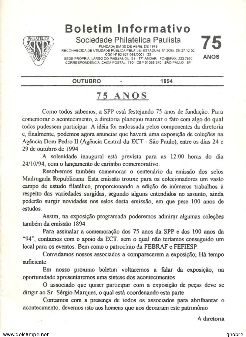 SPP BOLETIM INFORMATIVO - MAGAZINE - 75TH ANNIVERSARY - 1994 - BRAZIL - Antigüedades & Colecciones