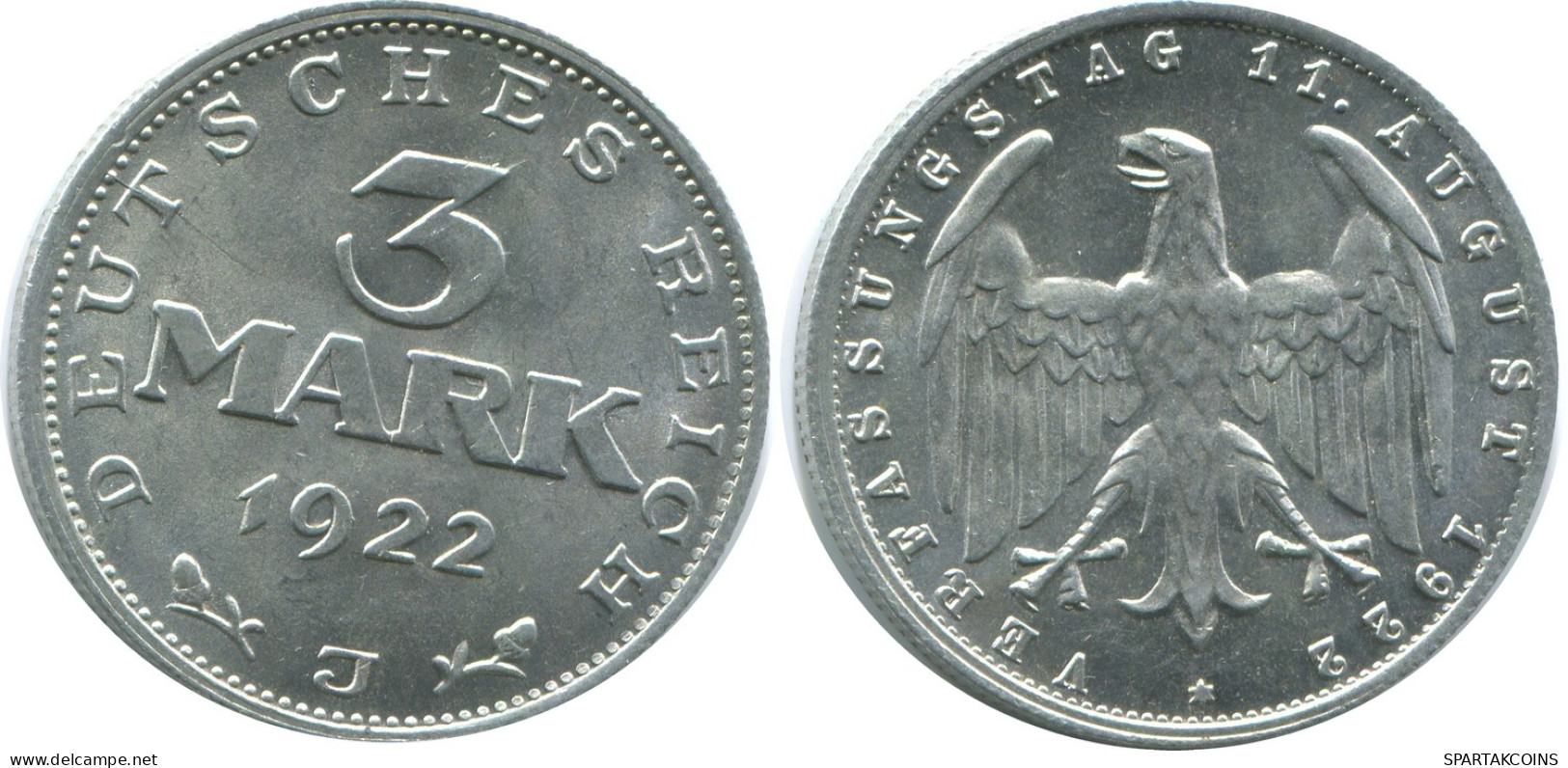 3 MARK 1922 J DEUTSCHLAND Münze GERMANY #AE440.D - 3 Mark & 3 Reichsmark