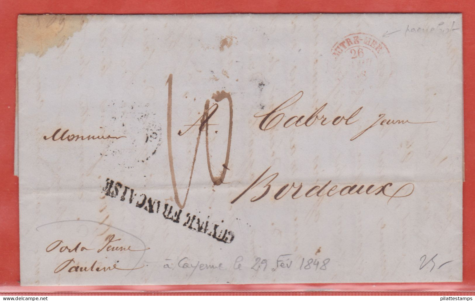 GUYANE LETTRE DE 1848 DE CAYENNE POUR BORDEAUX FRANCE - Lettres & Documents