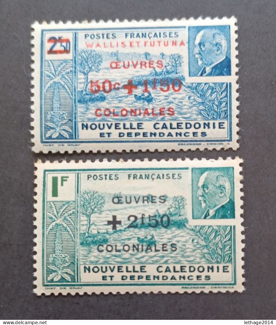 FRANCE COLONIE WALLIS ET FUTUNA 1944 MARECHAL PETAIN SURCHARGES OEUVRES COLONIALES CAT YVERT N. 90/91 MNH VARIETY DECAL - 1944 Maréchal Pétain, Surchargés – Œuvres Coloniales