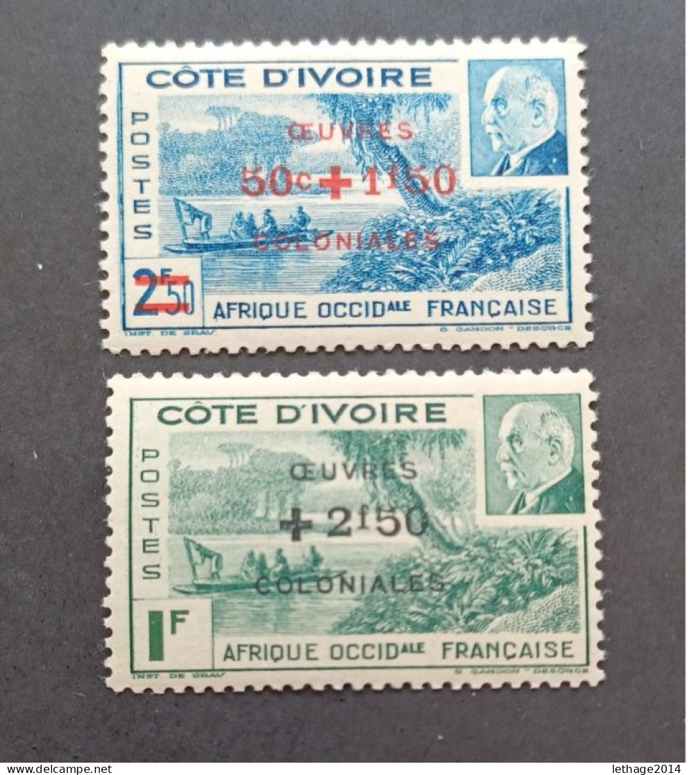 FRANCE COLONIE COTE D IVOIRE 1944 MARECHAL PETAIN SURCHARGES OEUVRES COLONIALES CAT YVERT N. 175/176 MNH - 1944 Maréchal Pétain, Surchargés – Œuvres Coloniales