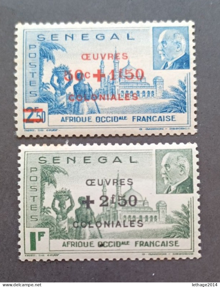 FRANCE COLONIE SENEGAL 1944 MARECHAL PETAIN SURCHARGES OEUVRES COLONIALES CAT YVERT N. 187/188 MNH VARIETY DECAL - 1944 Maréchal Pétain, Surchargés – Œuvres Coloniales