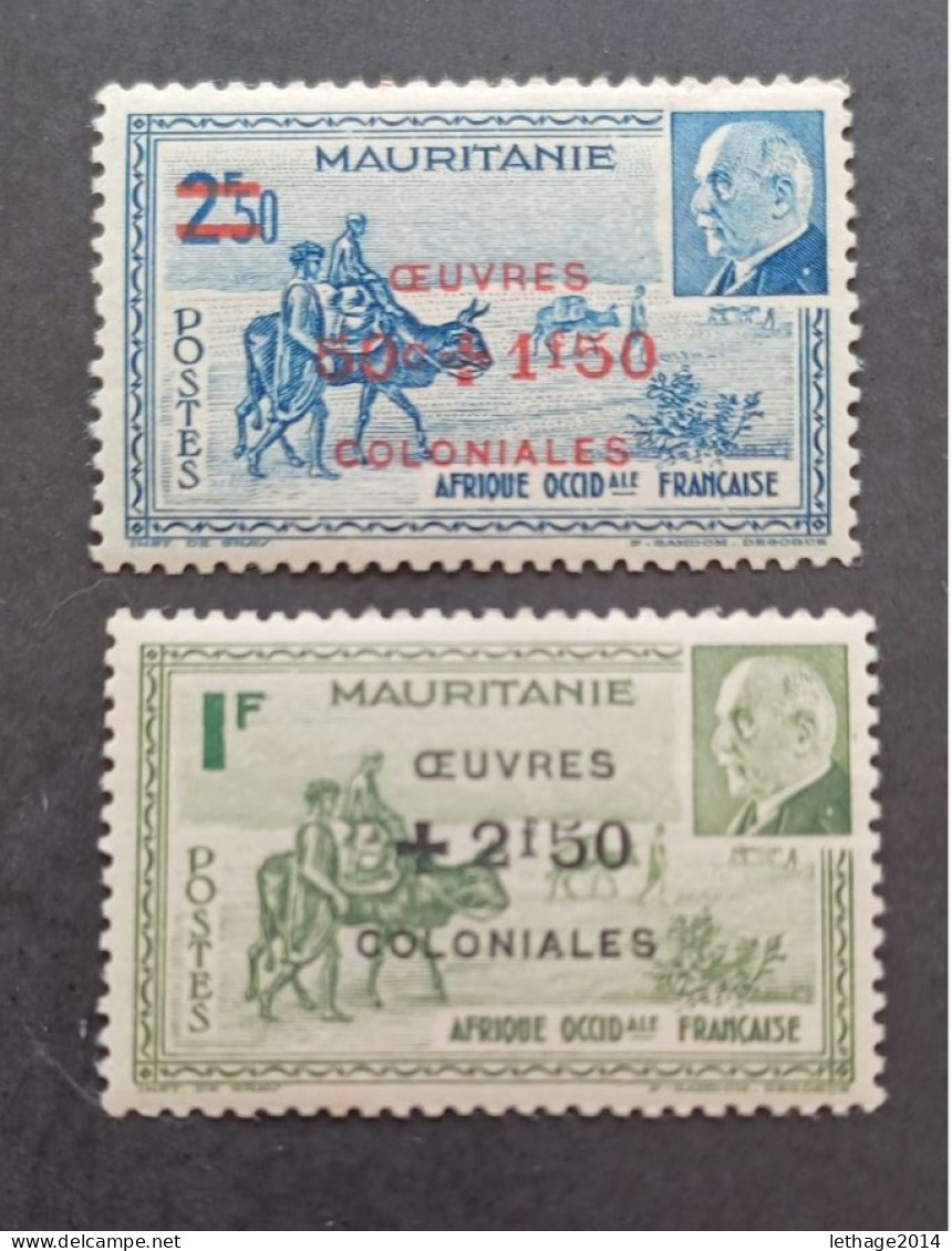 FRANCE COLONIE MAURITANIE 1944 MARECHAL PETAIN SURCHARGES OEUVRES COLONIALES CAT YVERT N. 131/132 MNH - 1944 Maréchal Pétain, Surchargés – Œuvres Coloniales