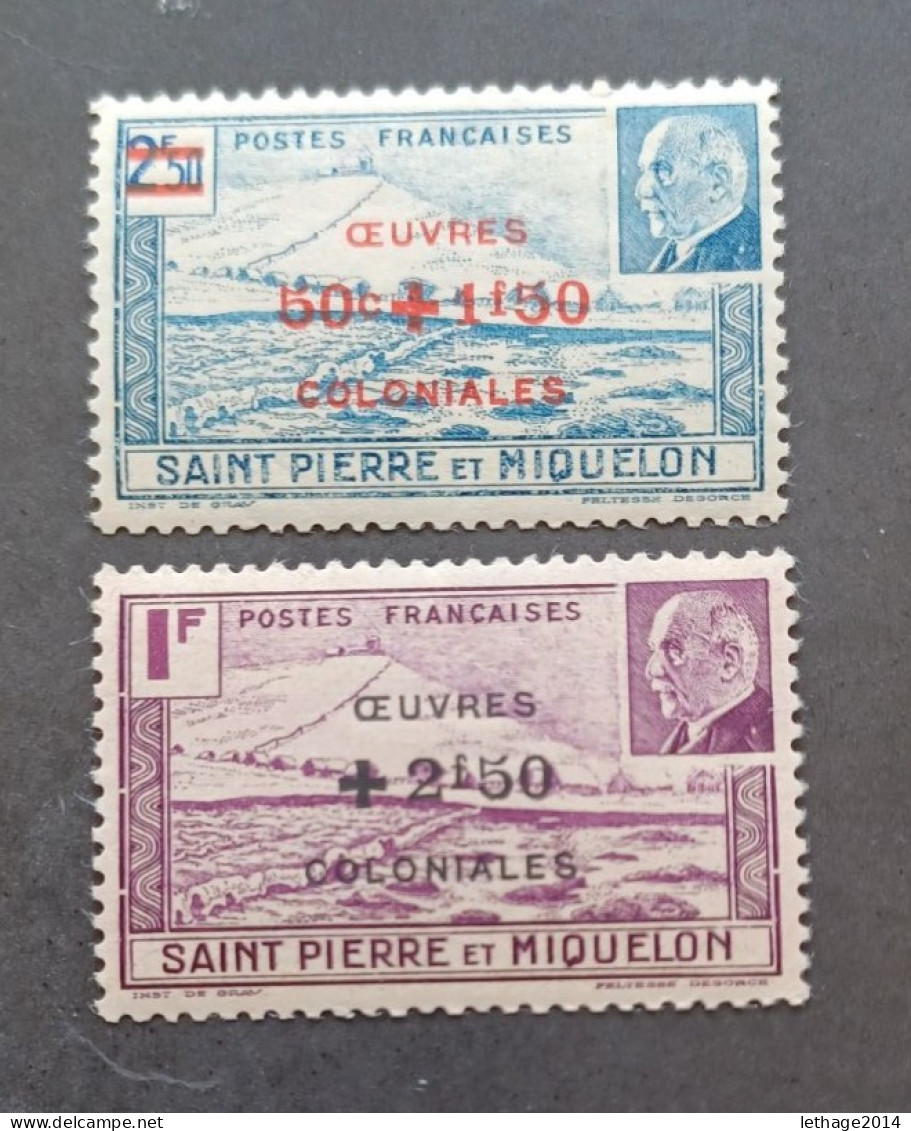 FRANCE COLONIE SAINT PIERRE ET MIQUELON 1944 MARECHAL PETAIN SURCHARGES OEUVRES COLONIALES CAT YVERT N. 312/313 MNH - 1944 Maréchal Pétain, Surchargés – Œuvres Coloniales