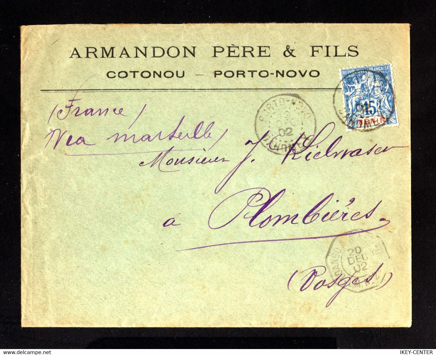 16215-BENIN-OLD COVER PORTO-NOVO To PLOMBIERES (france) 1902.french Colonies.BRIEF.Enveloppe. - Cartas & Documentos
