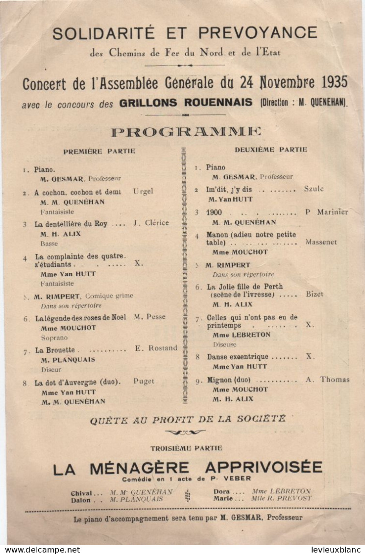 Solidarité Et Prévoyance Des Chemins De Fer Du Nord Et De L'Etat/ CONCERT/ Grillons Rouennais/1935        TRA67 - Chemin De Fer