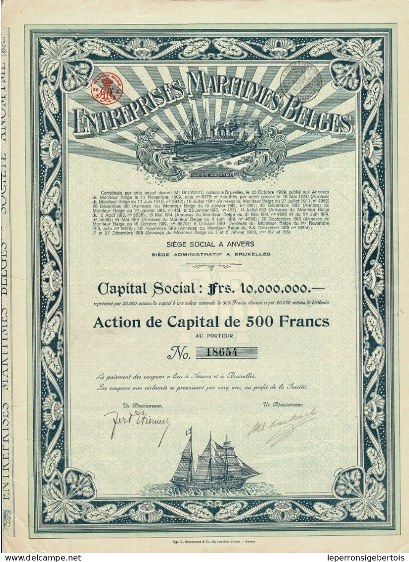 Titre De 1922- Entreprises Maritimes Belges - Belgique N° 18654 - Navigazione