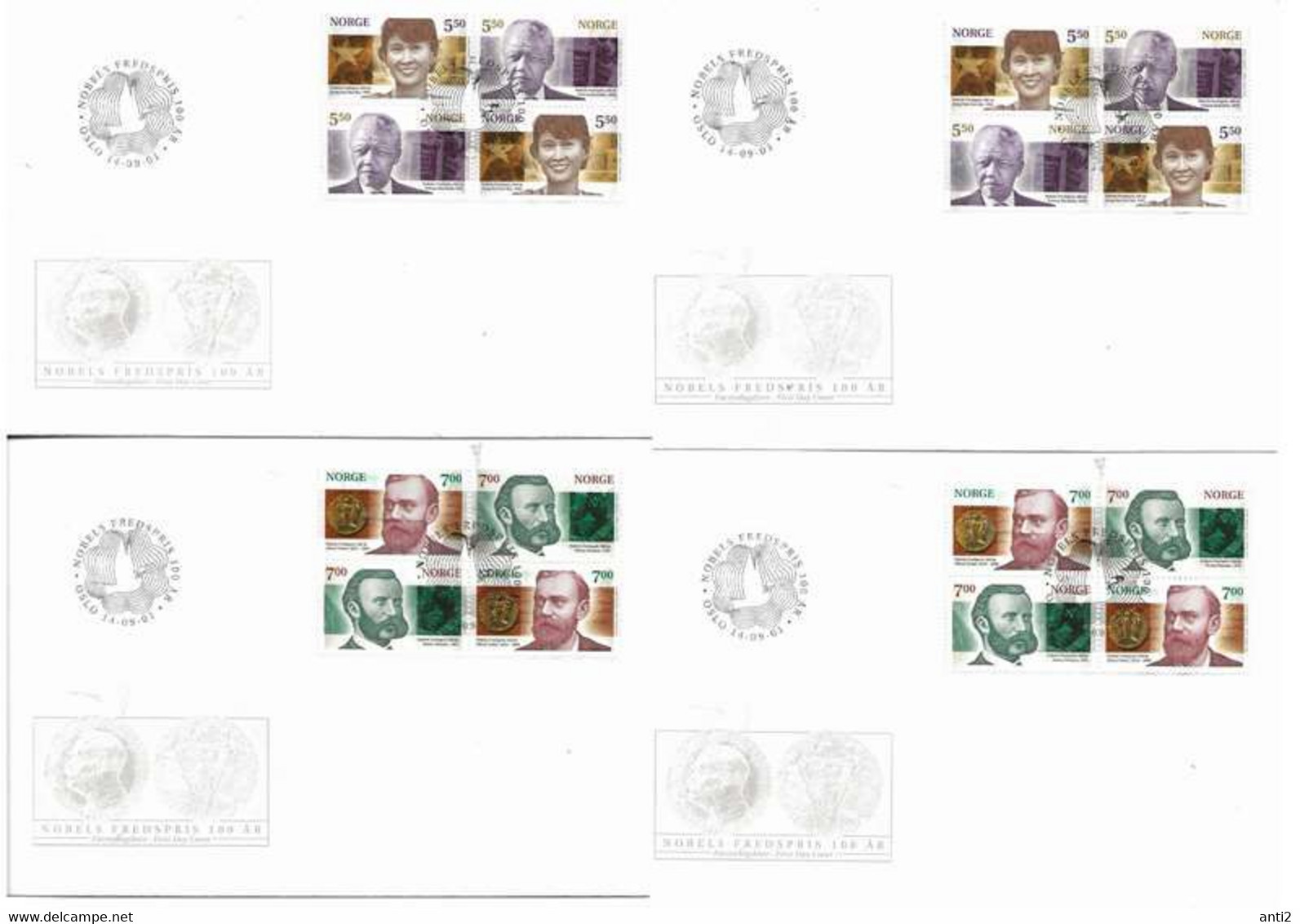 Norway 2001 Nobel Prize For Peace, Alfred Nobel,  Mi 1401-1408 In Four FDCs   With Block Of Four - Briefe U. Dokumente