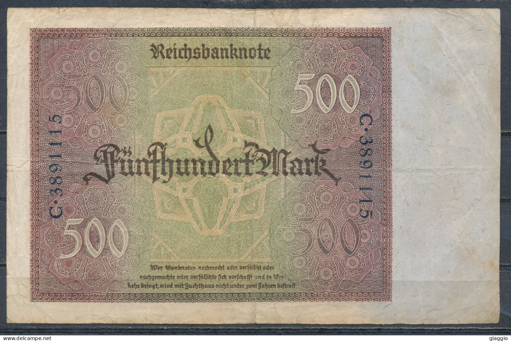 °°° GERMANY REICHSBANKNOTE 500 MARK 1922 °°° - 500 Mark