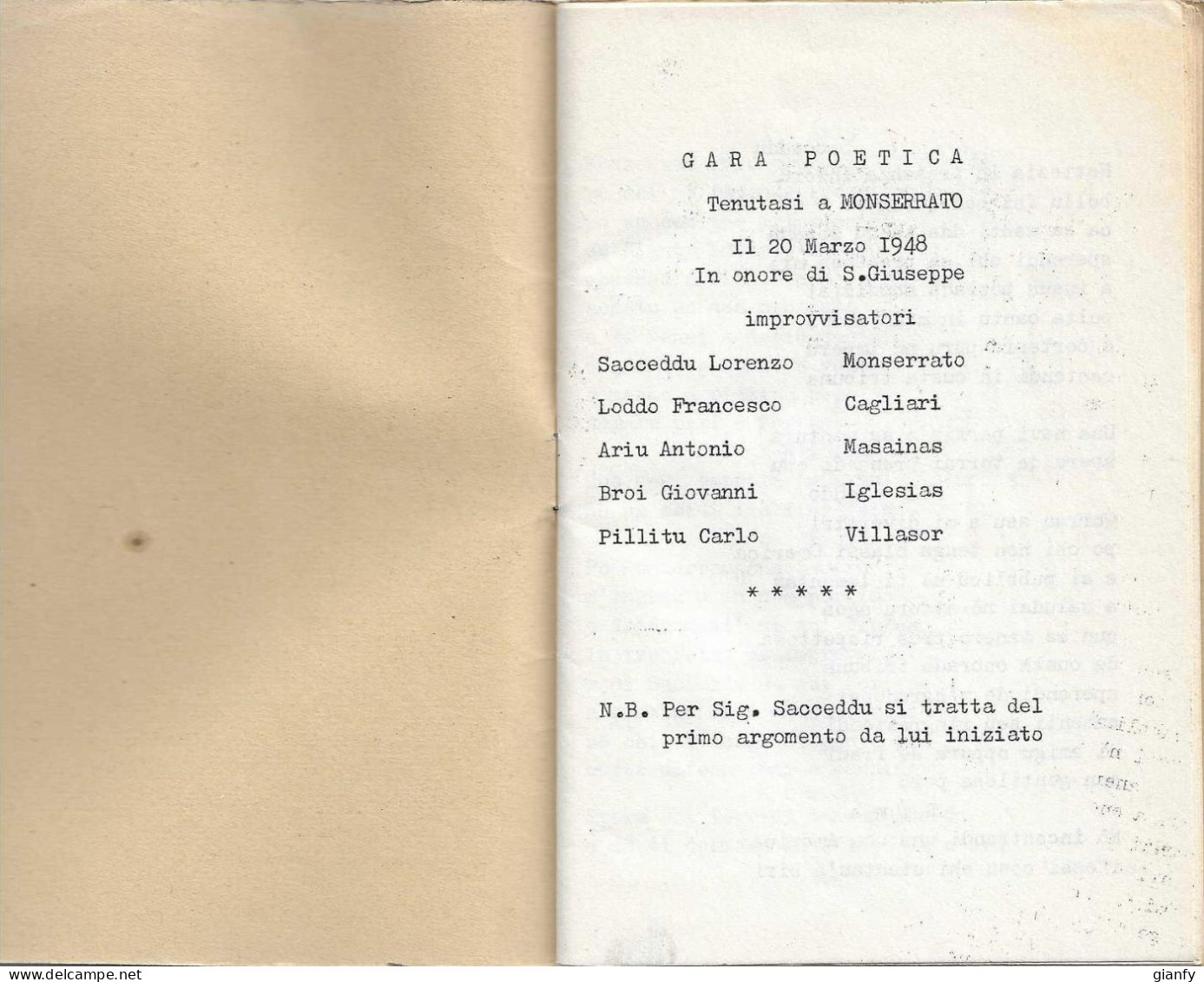 MONSERRATO - GARA POETICA CON SACCEDDU, LODDO, ARIU, BROI E PILLITTU - 1948 POESIA SARDEGNA - Poetry