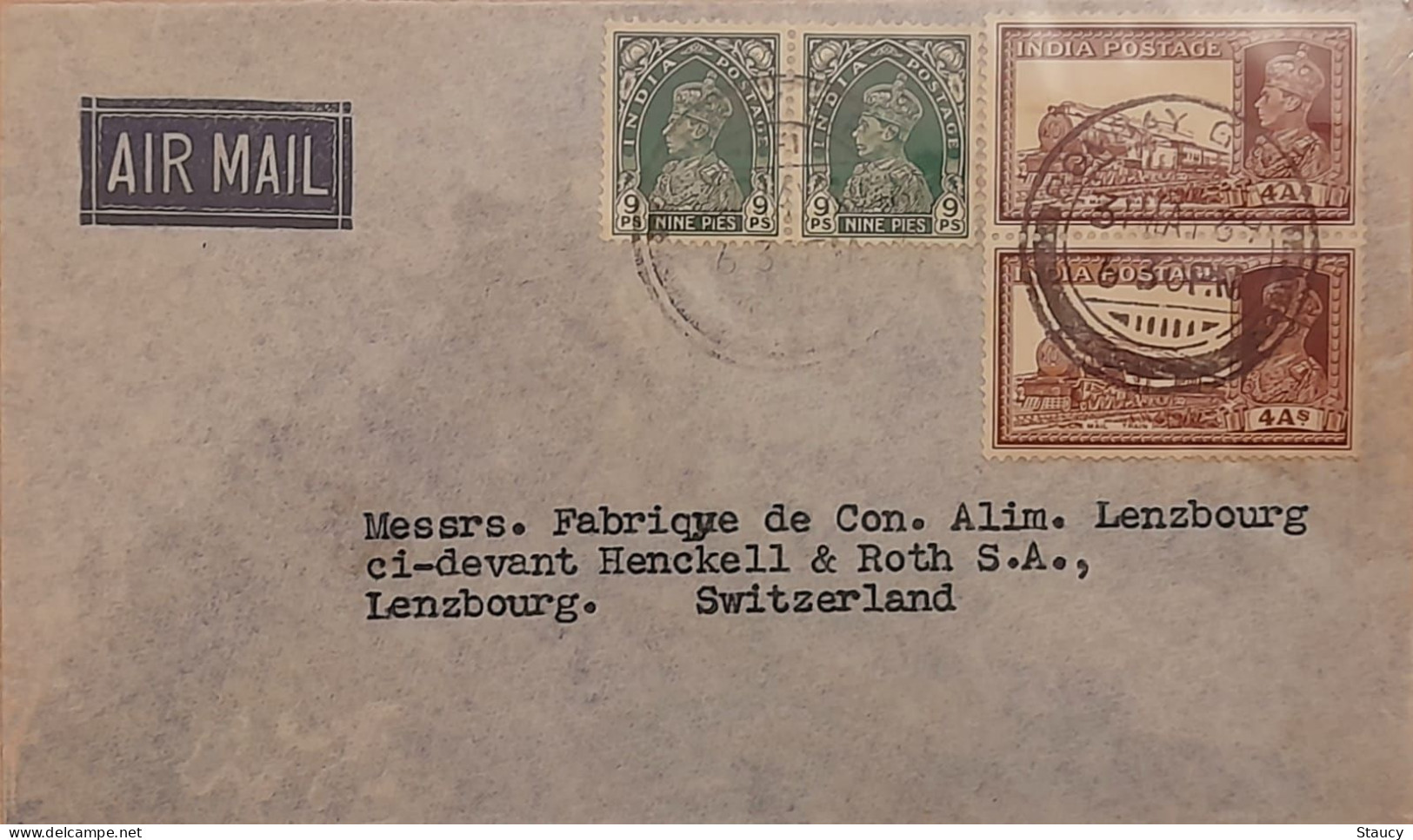 British India 1939 BOMBAY, INDIA  Airmail Cover To SWITZERLAND, KG VI 4 Stamps Nice Cancellations On Front & Back - Poste Aérienne