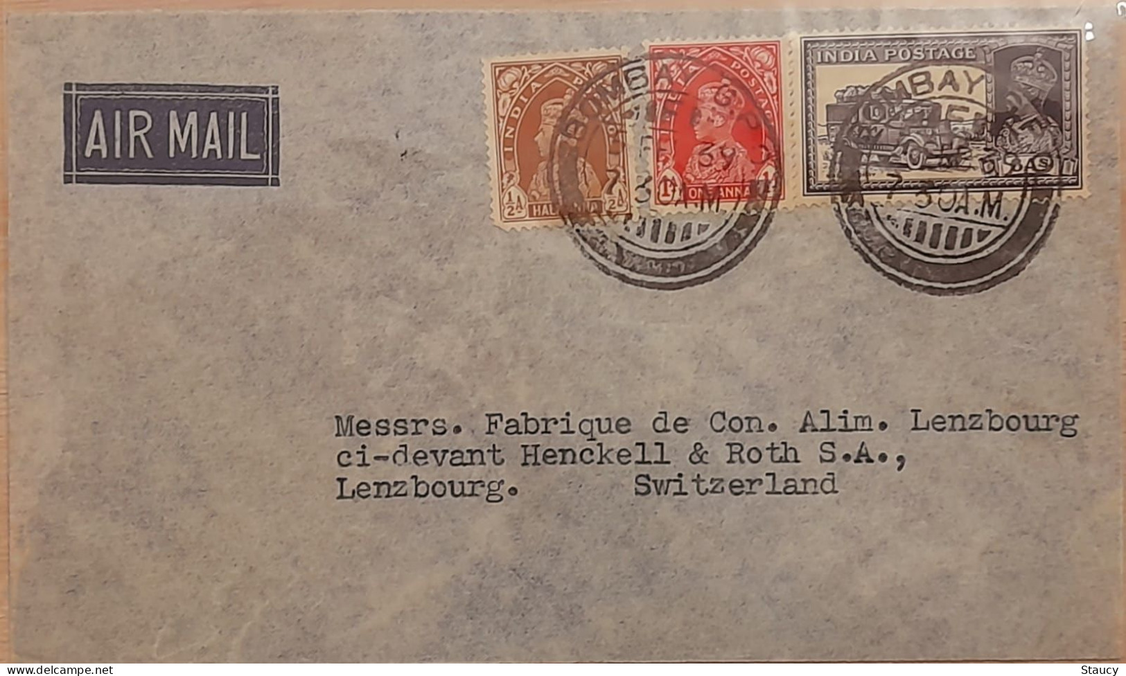 British India 1939 BOMBAY, INDIA  Airmail Cover To SWITZERLAND, KG VI 3 Stamps Nice Cancellations On Front & Back - Posta Aerea