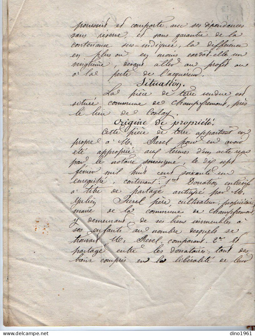 VP21.953 - LA POOTE - Acte De 1872 - Vente D'une Pièce De Terre Située CHAMPFREMONT Par Mr & Mme REVEL à Mr SAGOT - Manuscrits