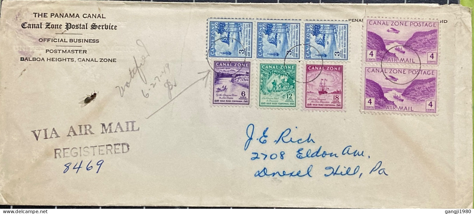 CANAL ZONE-1949,REGISTER COVER USED TO USA, GOLD RUSH FULL SET STAMP, AERO PLANE, SHIP & CANAL, MULTI 8 STAMP, SPECIMEN, - Canal Zone