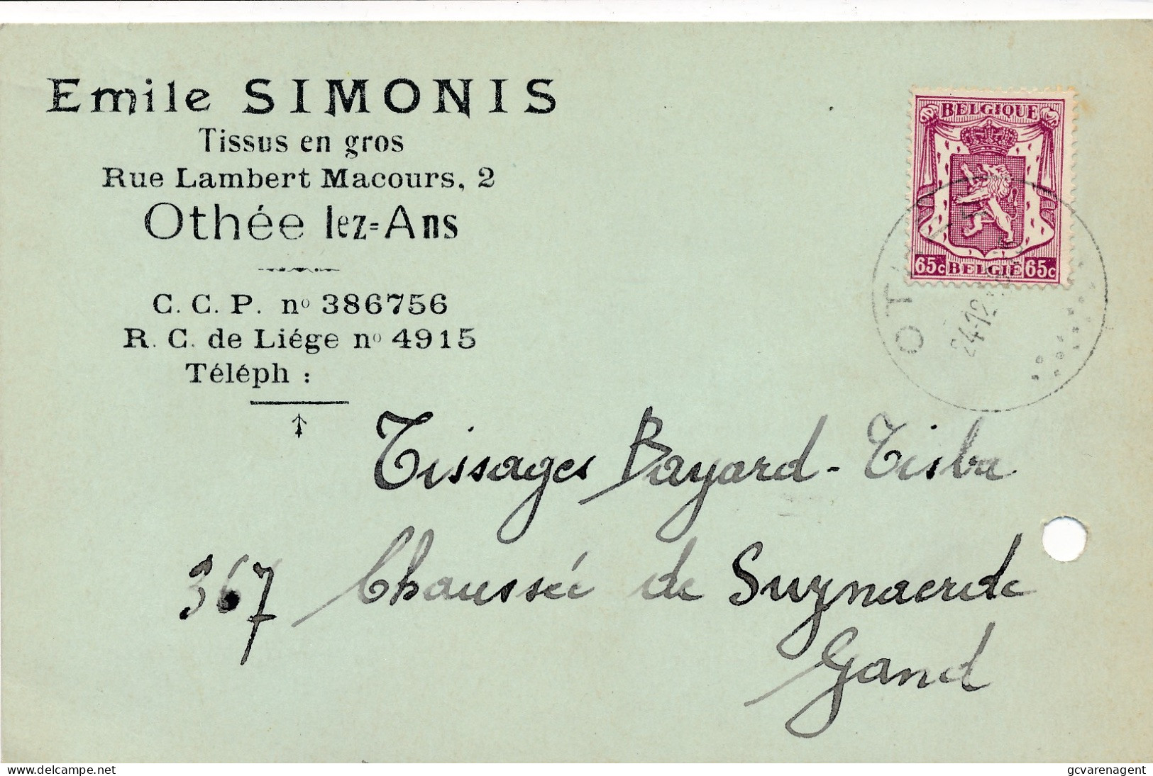 OTHEE LEZ ANS  BEDRIJFSKAART == EMILE SIMONIS - TISSUS EN GROS  RUE LAMBERT MACOURS 2     ZIE SCANS - Ans