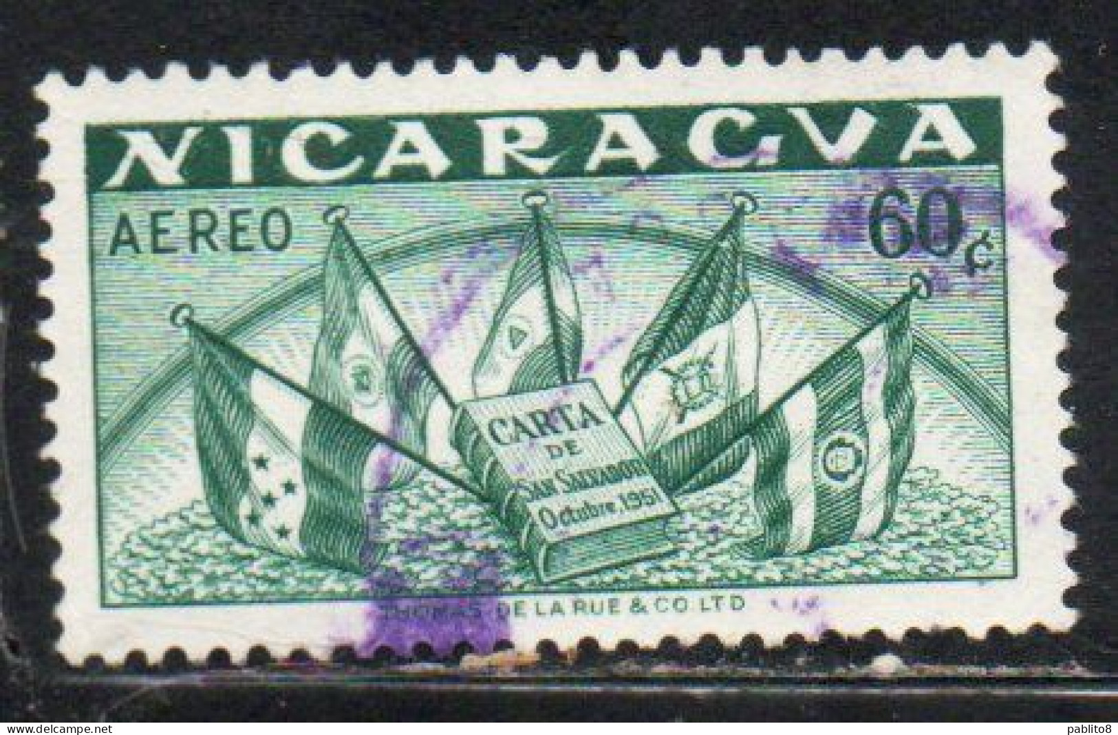 NICARAGUA 1953 ORGANIZATION OF THE CENTRAL AMERICAN STATES ODECA CHARTER AND FLAGS 60c USED USATO OBLITERE' - Nicaragua