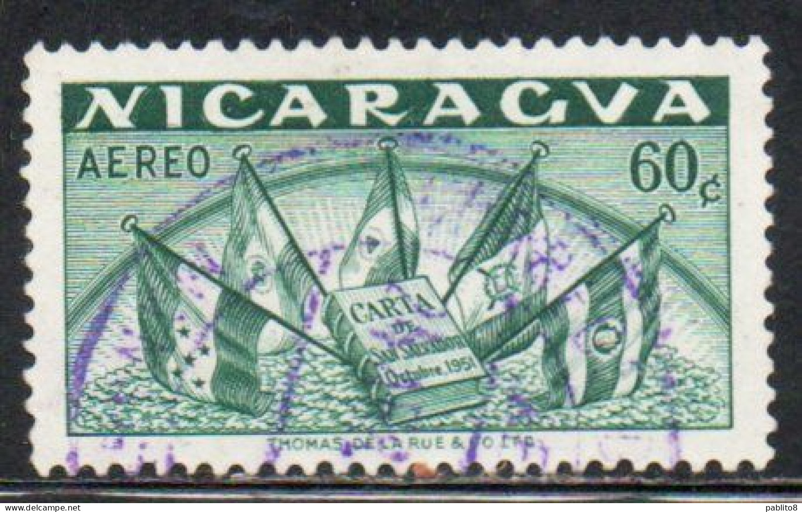 NICARAGUA 1953 ORGANIZATION OF THE CENTRAL AMERICAN STATES ODECA CHARTER AND FLAGS 60c USED USATO OBLITERE' - Nicaragua