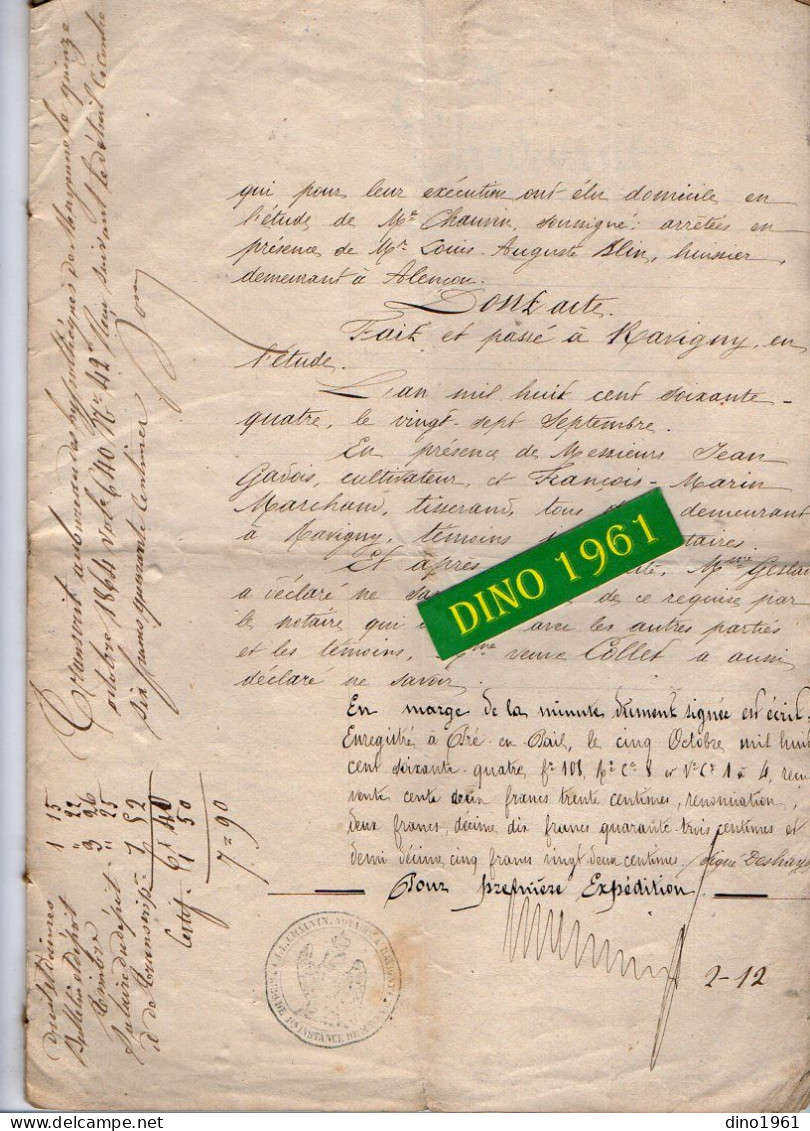 VP21.957 - Acte De 1864 - Vente D'une Maison Située à RAVIGNY Par Mr & Mme GESLAIN à VALFRAMBERT à Mr E. LECOQ - Manuscrits