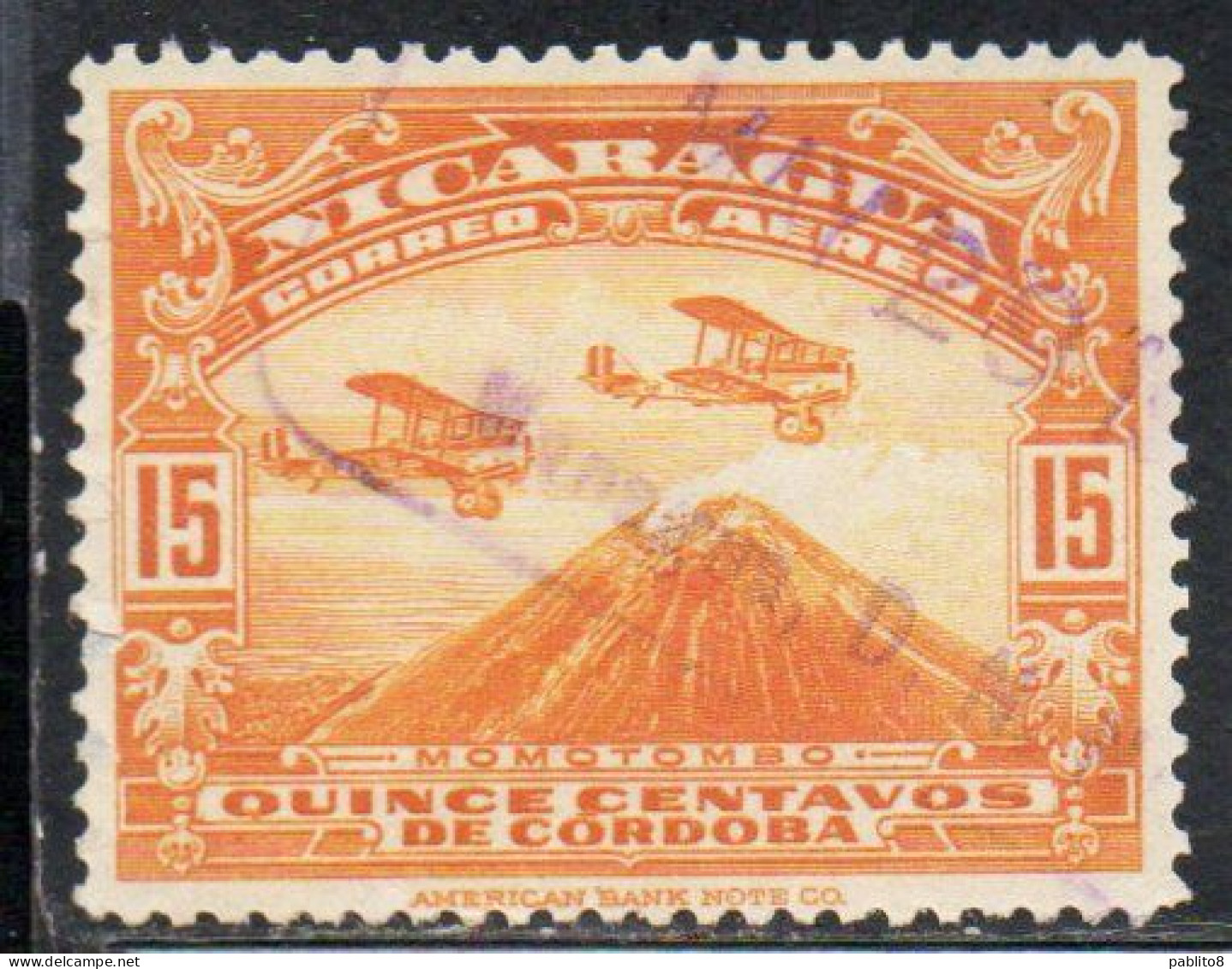 NICARAGUA 1937 AIR POST MAIL AIRMAIL AIRPLANES OVER MOUNT MOMOTOMBO 15c USED USATO OBLITERE' - Nicaragua