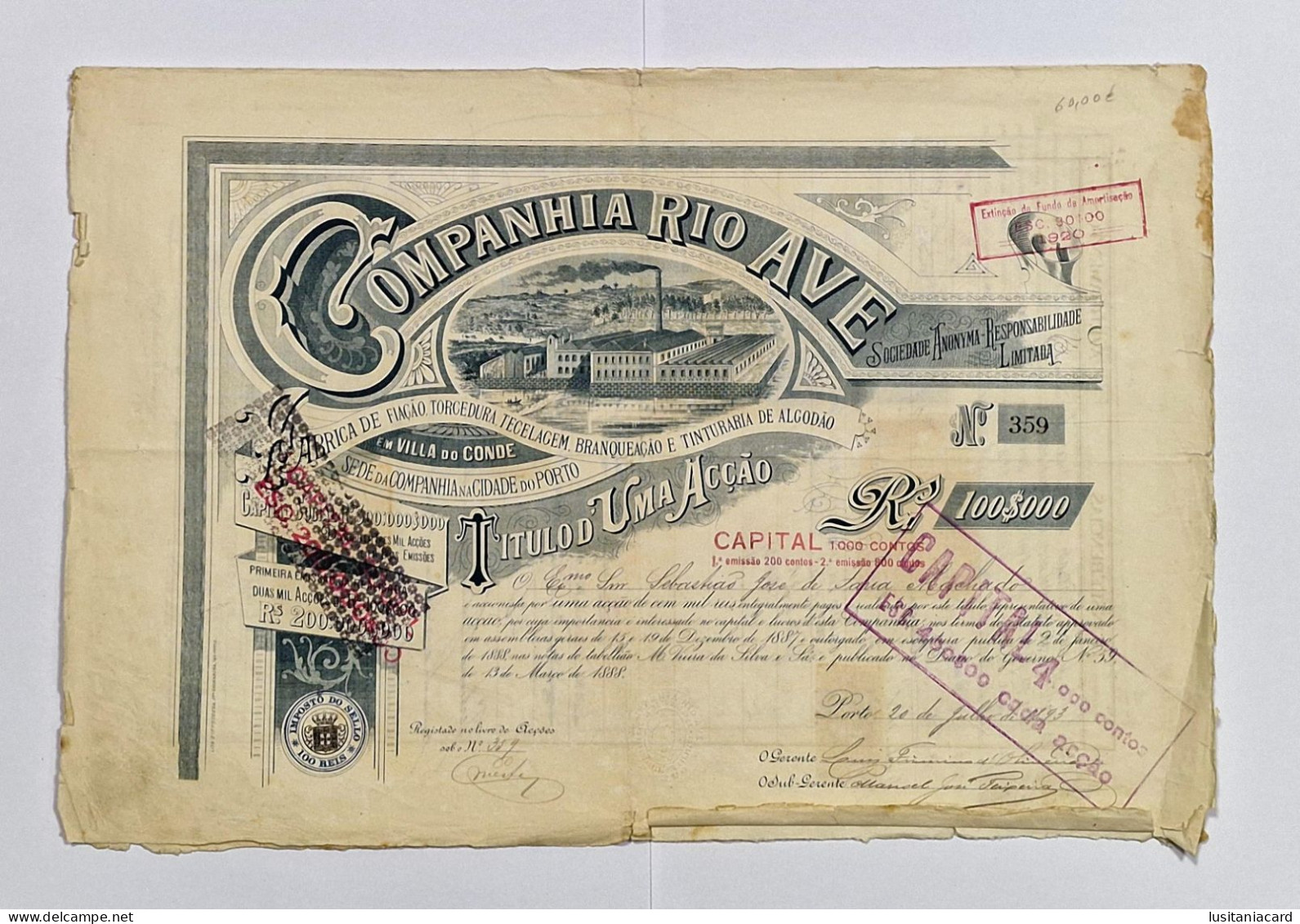 PORTUGAL-PORTO - Companhia Rio Ave -Titulo D'Uma Acção Rs.100$000 - Nº 359 - 20JUL1893 - Textil