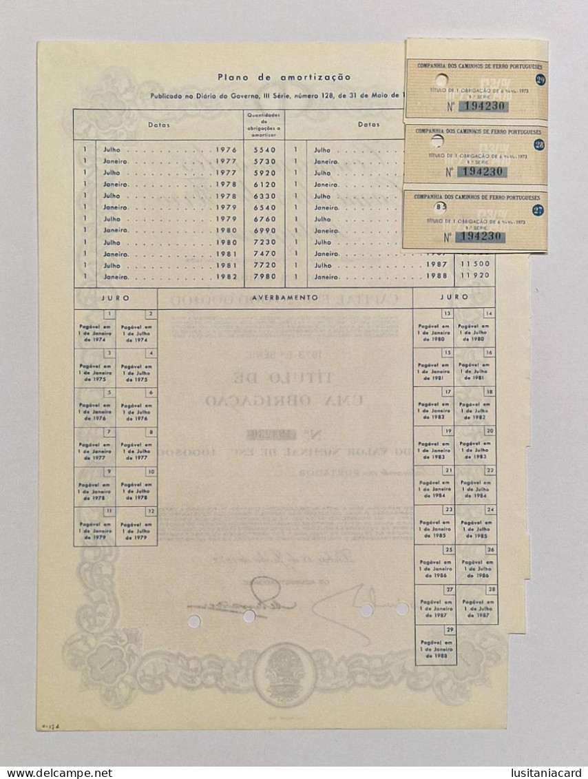 PORTUGAL-LISBOA-CP-Cª Dos Caminhos De Ferro Portugueses-Titulo De Uma Obrigação De 1000$00-5ª Série-Nº 194230-15JUN1973 - Transport