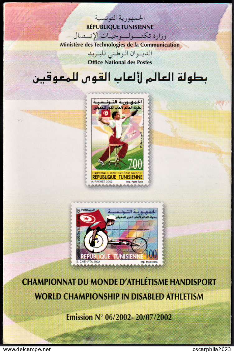 2002 -Tunisie/Y&T1465-1466 Championnat Du Monde D'Athlètisme Handisport-série Complète  2V- MNH*** + Prospectus - Sport Voor Mindervaliden
