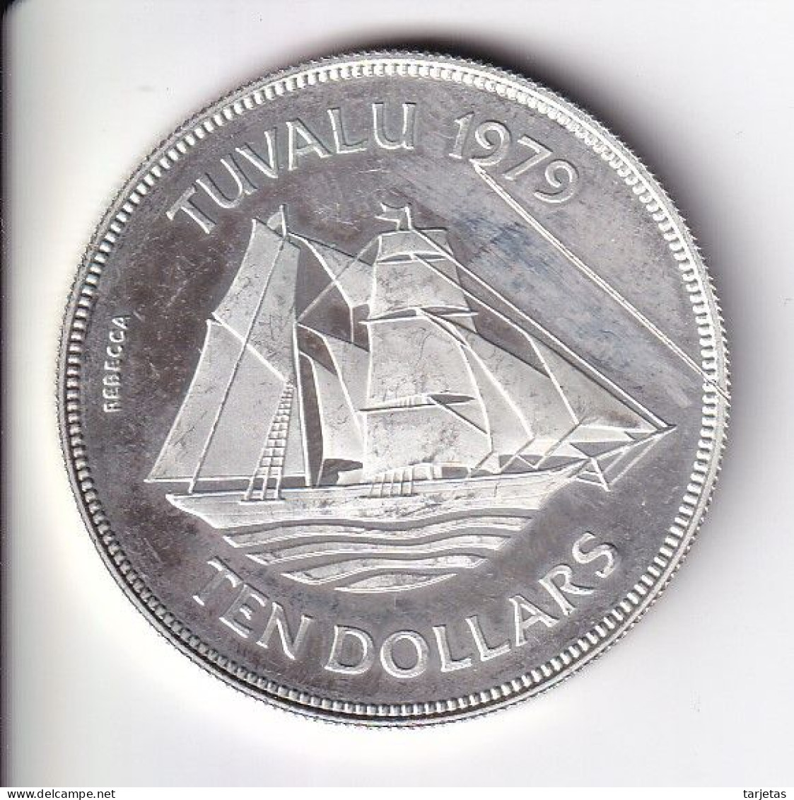 MONEDA DE PLATA DE TUVALU 10 DOLLARS DEL AÑO 1979 - BARCO-SHIP (LA DE LA FOTO) (CON RAYA DELANTE) - Tuvalu