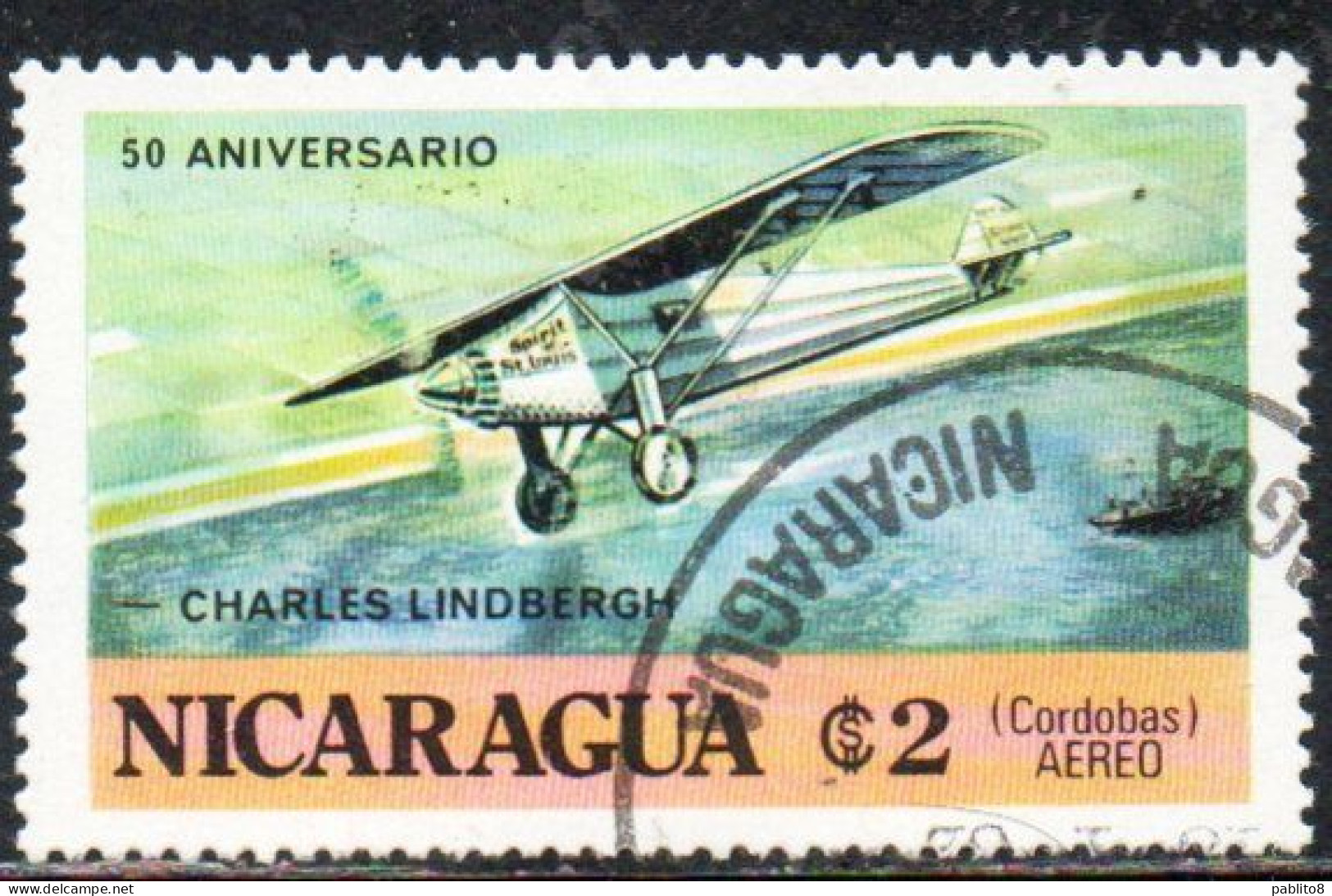 NICARAGUA 1977 CHARLES A. LINDBERGH PLANE FLIGHT PACIFIC COAST 2cor USED USATO OBLITERE' - Nicaragua