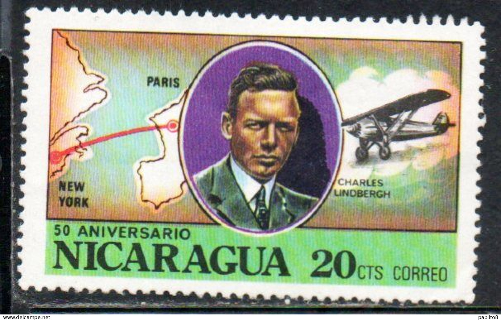 NICARAGUA 1977 CHARLES A. LINDBERGH NYC PARIS ROUTE AND PLANE 20c USED USATO OBLITERE' - Nicaragua