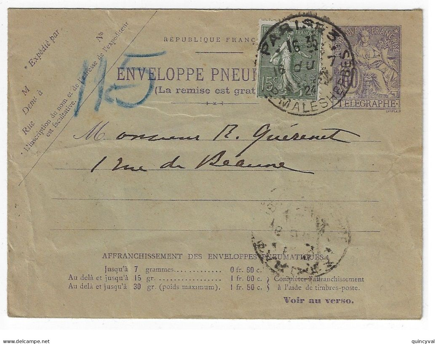 PARIS 3 Malesherbes Enveloppe Entier Pneumatique 60c Chaplain Violet Compl 15c Semeuse Lignée Yv 2599 150 Ob 16 7 1924 - Pneumatiques