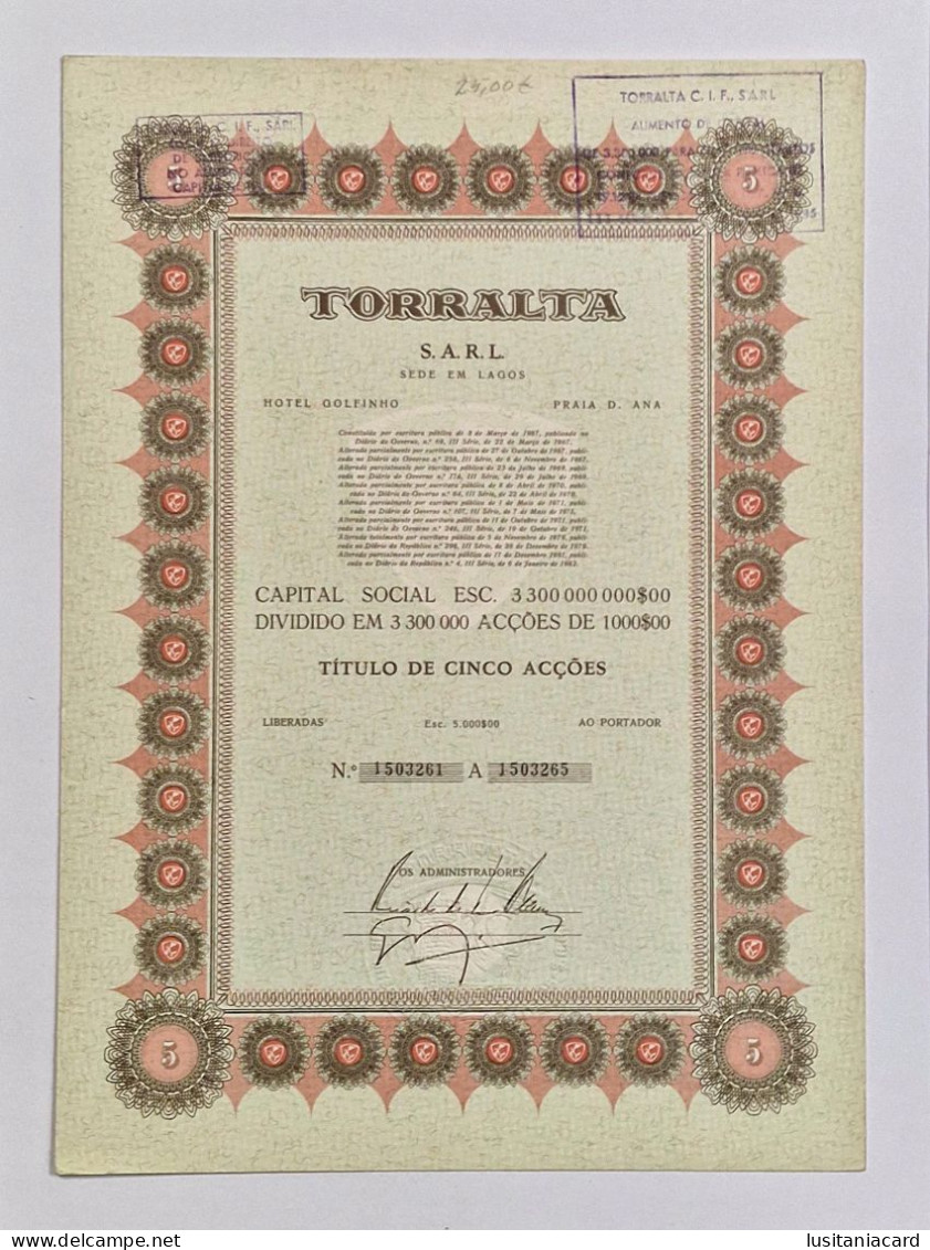 PORTUGAL- LAGOS - Torralta - Titulo De Cinco Acções 5000$00- Nº 1503261 A 1503265 - Toerisme