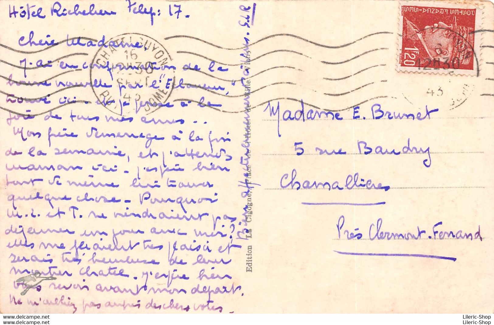 CHÂTEL GUYON (63) Cpsm 1943 Timbre Pétain - Avenue Baraduc Hôtel Richelieu - Kiosque à Journaux - Éd. La Cigogne - Châtel-Guyon