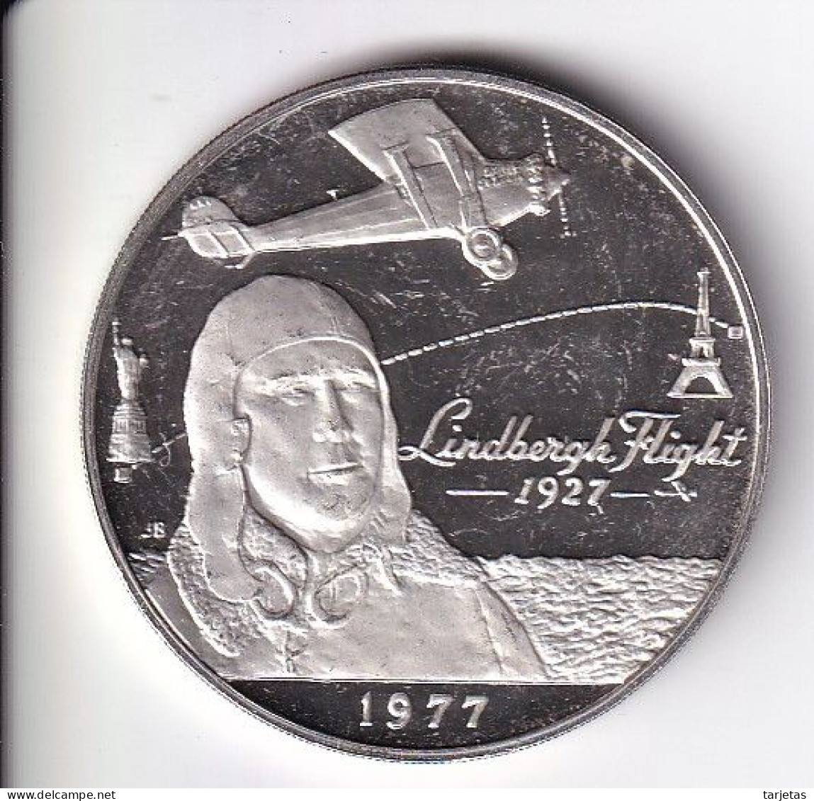 MONEDA DE PLATA DE SAMOA I SISIFO DE 1 DOLLAR DEL AÑO 1977 LINDBERGH FLIGHT - LA DE LA FOTO (CON RAYA DETRAS) - Amerikanisch-Samoa