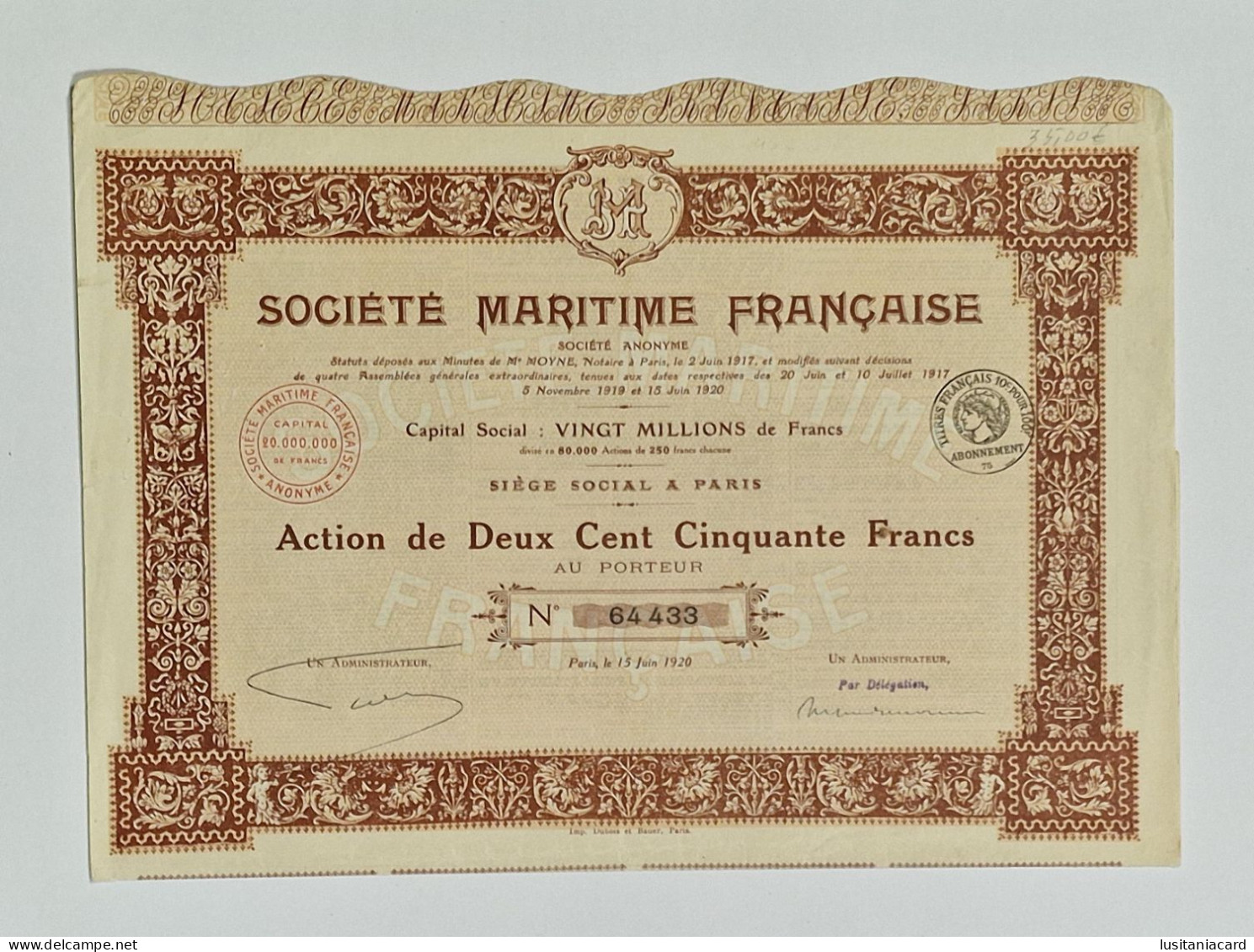 FRANCE - PARIS - Societé Maritime Française - Action De Deux Cent Cinquante Francs  Nº 64433 - 15JUIN1920 - Navigazione